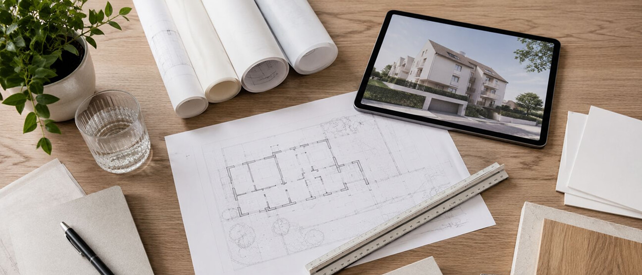 Grundrissplan und Aussendarstellung Wohnbauprojekt