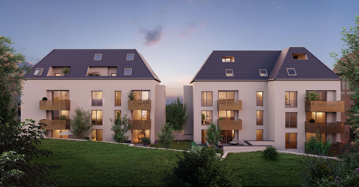 Neubauprojekt Nisslestraße 16-18, Stuttgart-Ost, Aussenansicht vom Garten bei Dämmerung