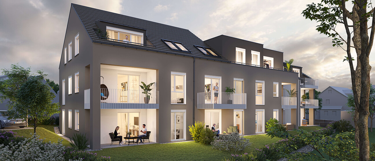 Neubauprojekt Perouser Straße 45, Renningen-Malmsheim, Aussendarstellung bei Dämmerung