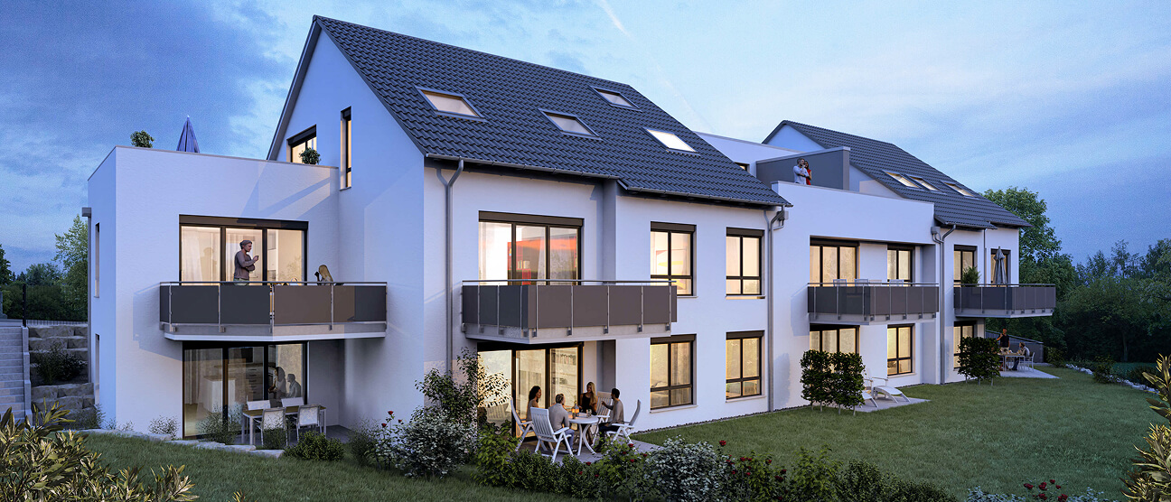 Mehrfamilienhaus in der Perouser Strasse Malmsheim, Aussendarstellung mit Garten und Terrassen